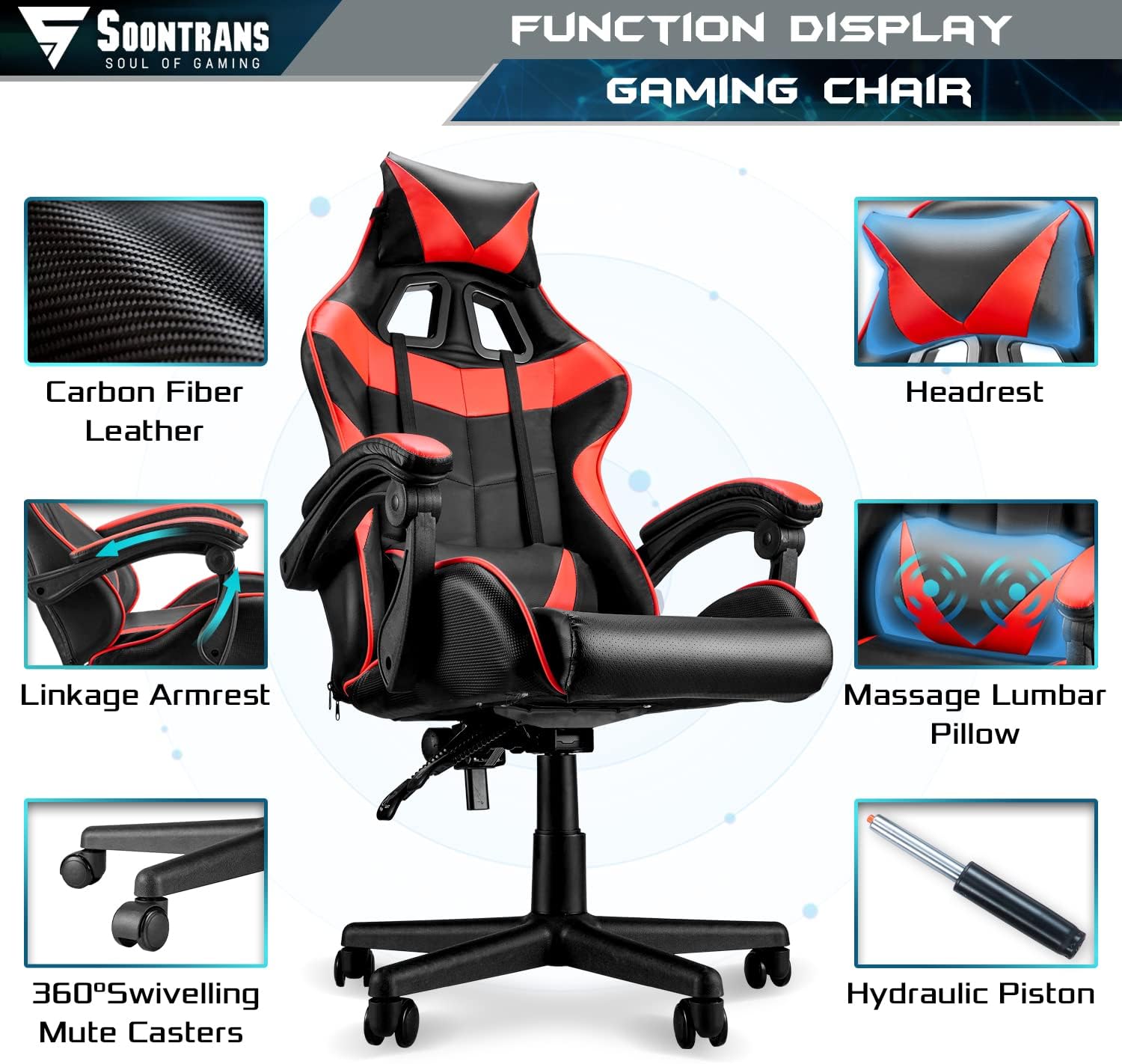 Soontrans Red Gaming Chair,Ergonomic Gamer Chair,Racing Game Chair,PC Computer Chair with High-Back,Adjustable Headrest and Lumbar Support
