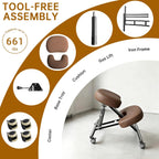 PU Leather Ergonomic Kneeling Chair, Adjustable Home and Office Stool with Thick Pads and Flexible Lockable Brake Wheels for Back Pain Relief（Coffee Brown）
