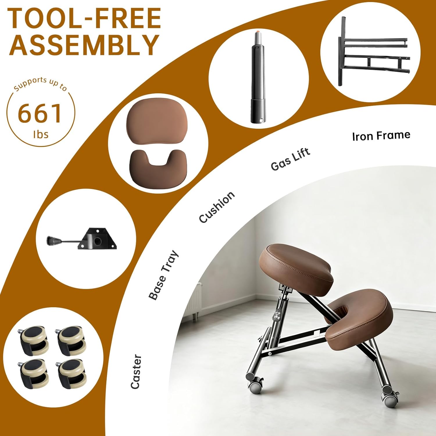 PU Leather Ergonomic Kneeling Chair, Adjustable Home and Office Stool with Thick Pads and Flexible Lockable Brake Wheels for Back Pain Relief（Coffee Brown）