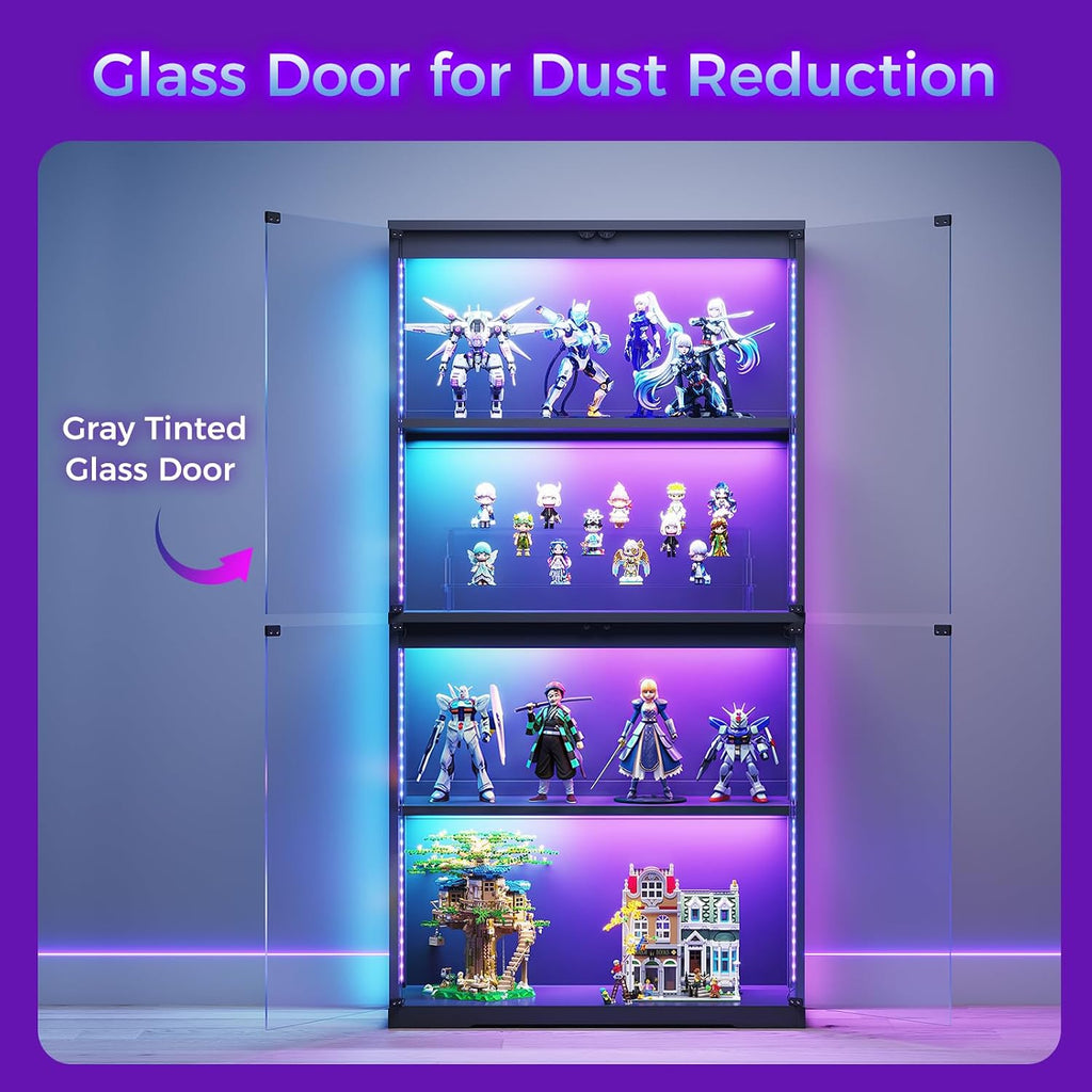 AODK Glass Display Cabinet with Glass Doors, RGB Light Display Case, 4-Tier Storage Cabinet Display Shelf for Showcase, Black Curio Cabinet for Collectibles