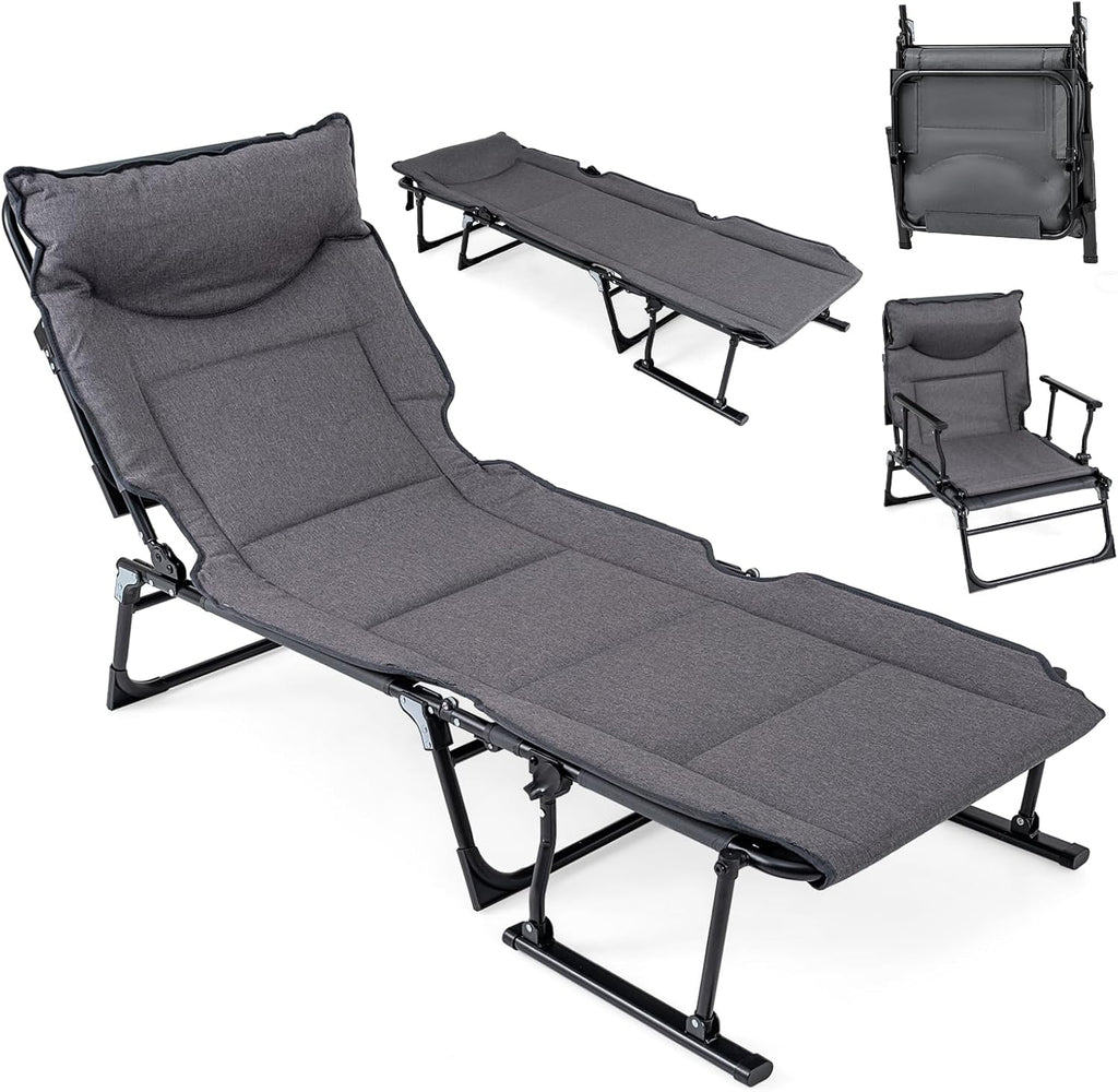 Giantex Folding Patio Lounge Chair with 6 Backrest Positions, Portable Foldable Bed with Cushion and Armrest, Head Pillow, Adjustable Recliner, Outdoor Camping Cot for Yard, Bench, Office, Home (1)