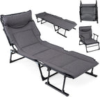 Giantex Folding Patio Lounge Chair with 6 Backrest Positions, Portable Foldable Bed with Cushion and Armrest, Head Pillow, Adjustable Recliner, Outdoor Camping Cot for Yard, Bench, Office, Home (1)