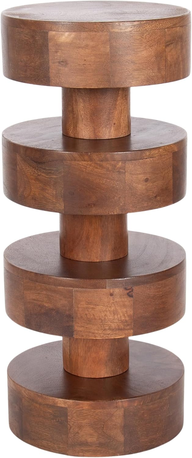 Kate and Laurel Omar Modern Wooden Round Drink Table, 9 x 9 x 20, Walnut Brown, Geometric Floating Disks Circle Mini Table for Use as Small Bedroom Night Stand or Indoor Plant Stand