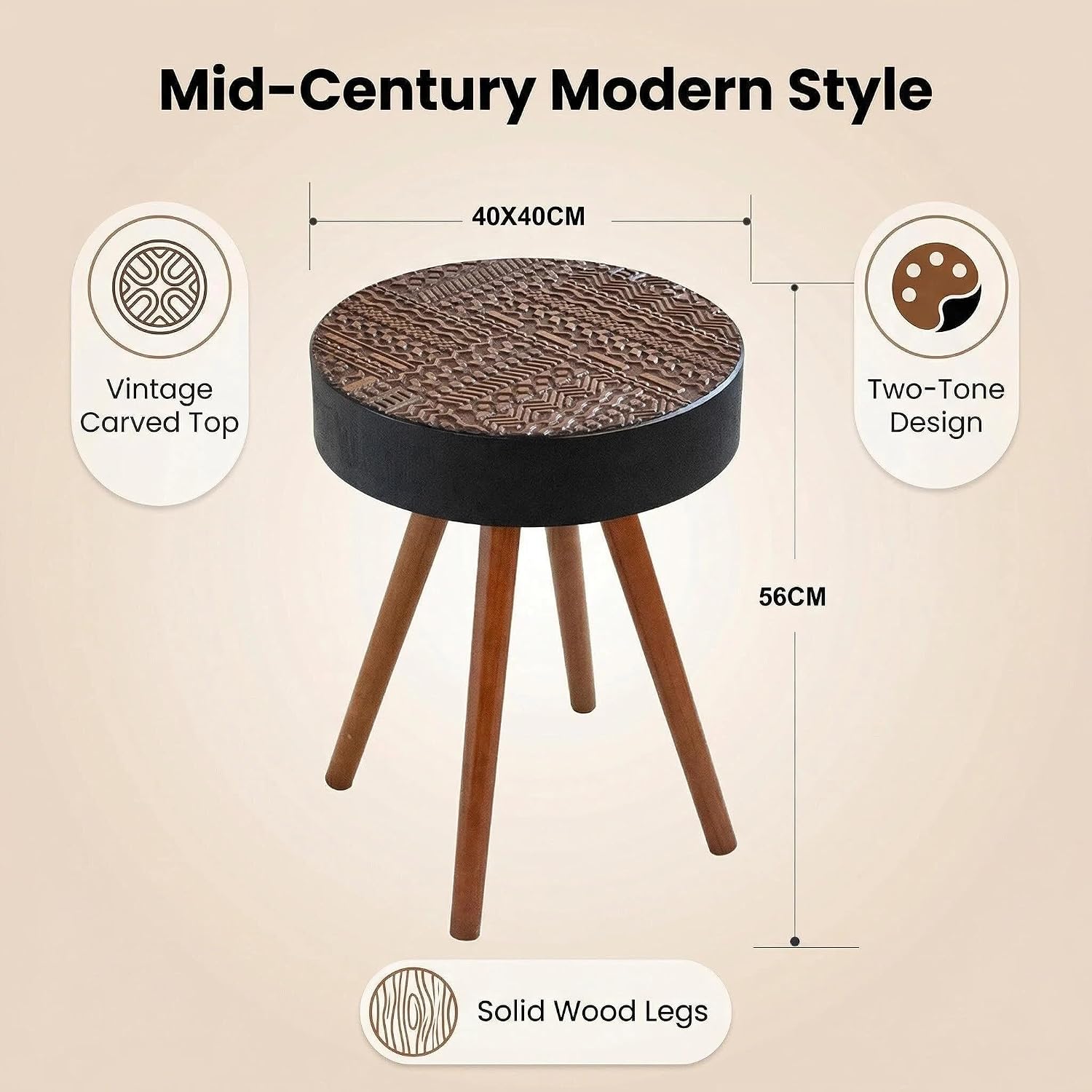 Round Wooden End Table with Retro Carved Brown Top & Black Wood Support Legs, Vintage 15.7" Small Circle Sofa Side Table for Living Room Bedroom (Brown, 4 Legs Support)