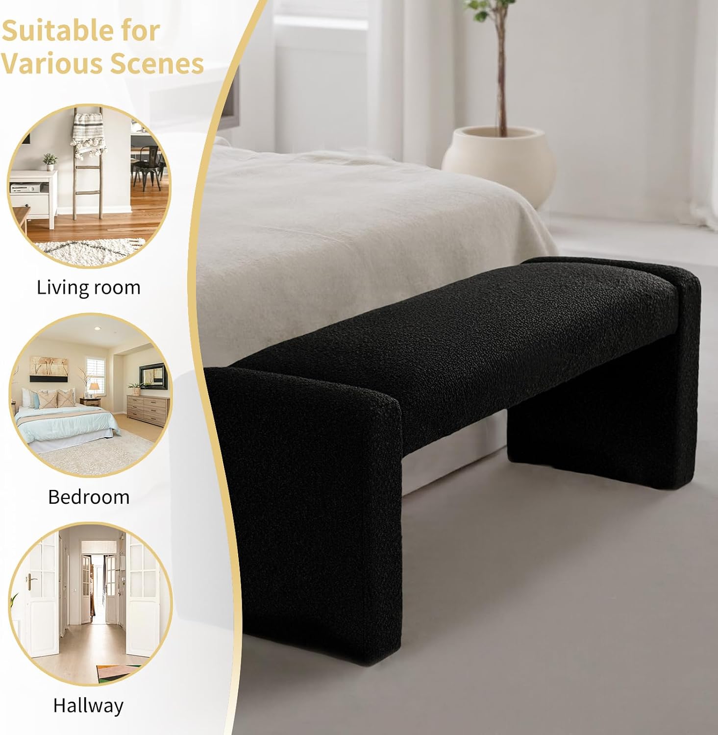 Black Entryway Bench with Solid Wood Frame, 47" Boucle Upholstered Bench | End of Bed Bench with Cushion Seat Ottoman Padded Benches for Bedroom, Living Room, Window, Hallway, Foyer, Reading