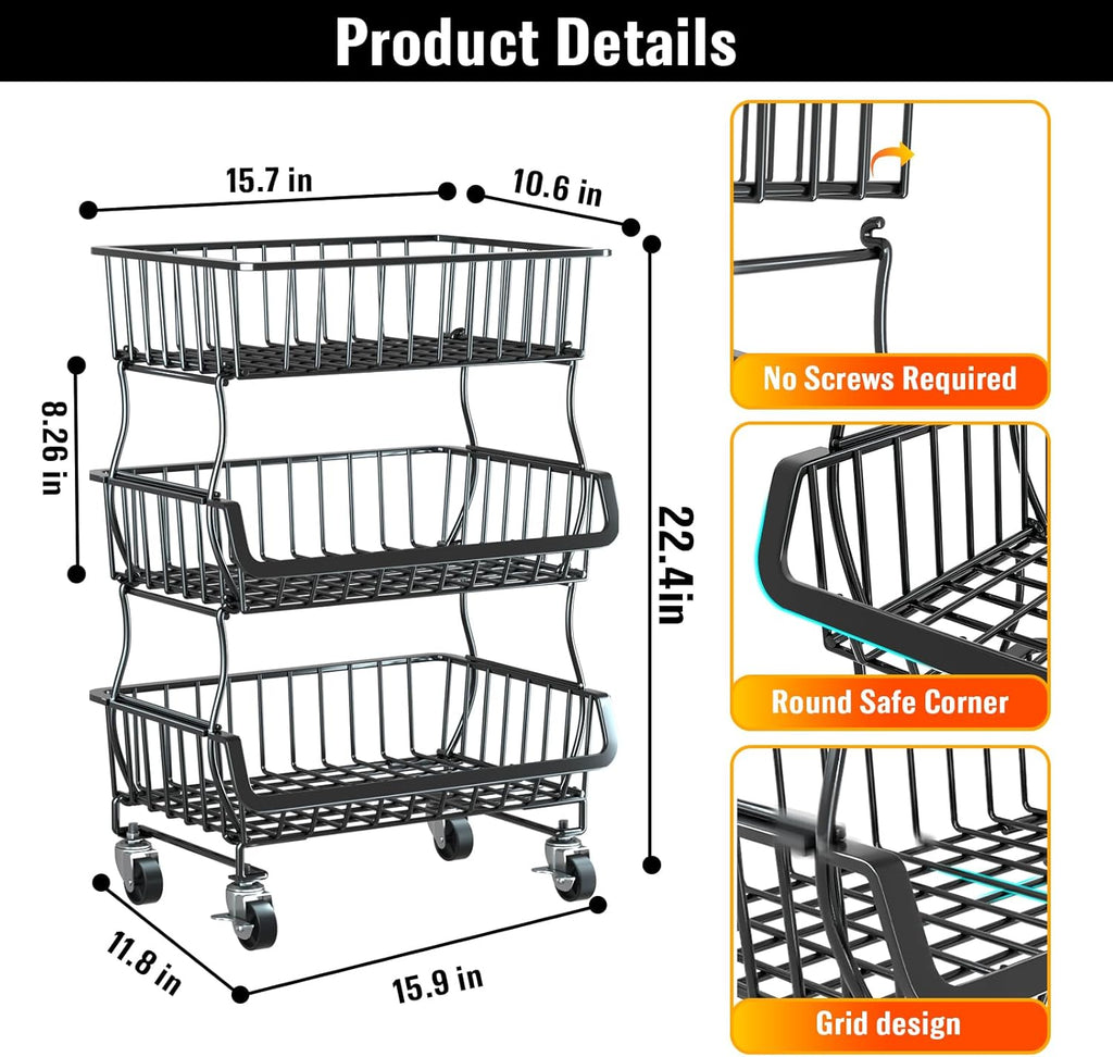 Gsiekare 3-Tier Rolling Pantry Organizer and Storage Cart with Wheels – Stackable Wire Snack Cart for Kitchen, Pantry Shelves and Storage Rack for Fruit, Vegetables, Onion, Potato (1 Pack)