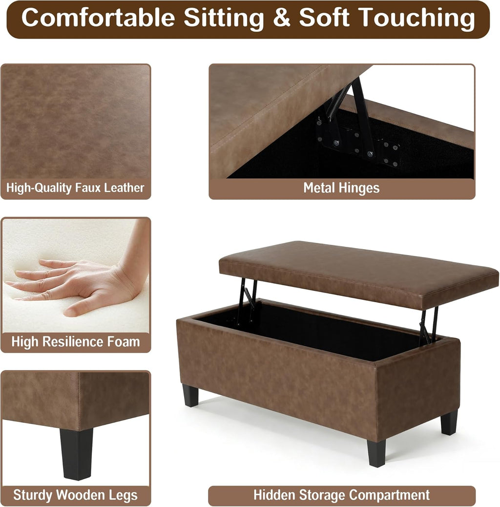 Homebeez 42 inch Lift Top Storage Ottoman Bench, Modern Faux Leather Rectangular Ottoman with Storage for Living Room, Bedroom, Entryway, Tan