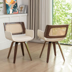 Set of 2 Swivel Dining Chairs - MCM Dining Chairs with Curved Arms, Ergonomic Cane Back, Bentwood Frame, Dining Room Chairs for Kitchen/Conference/Restaurant/Living Room (Walnut Beige)
