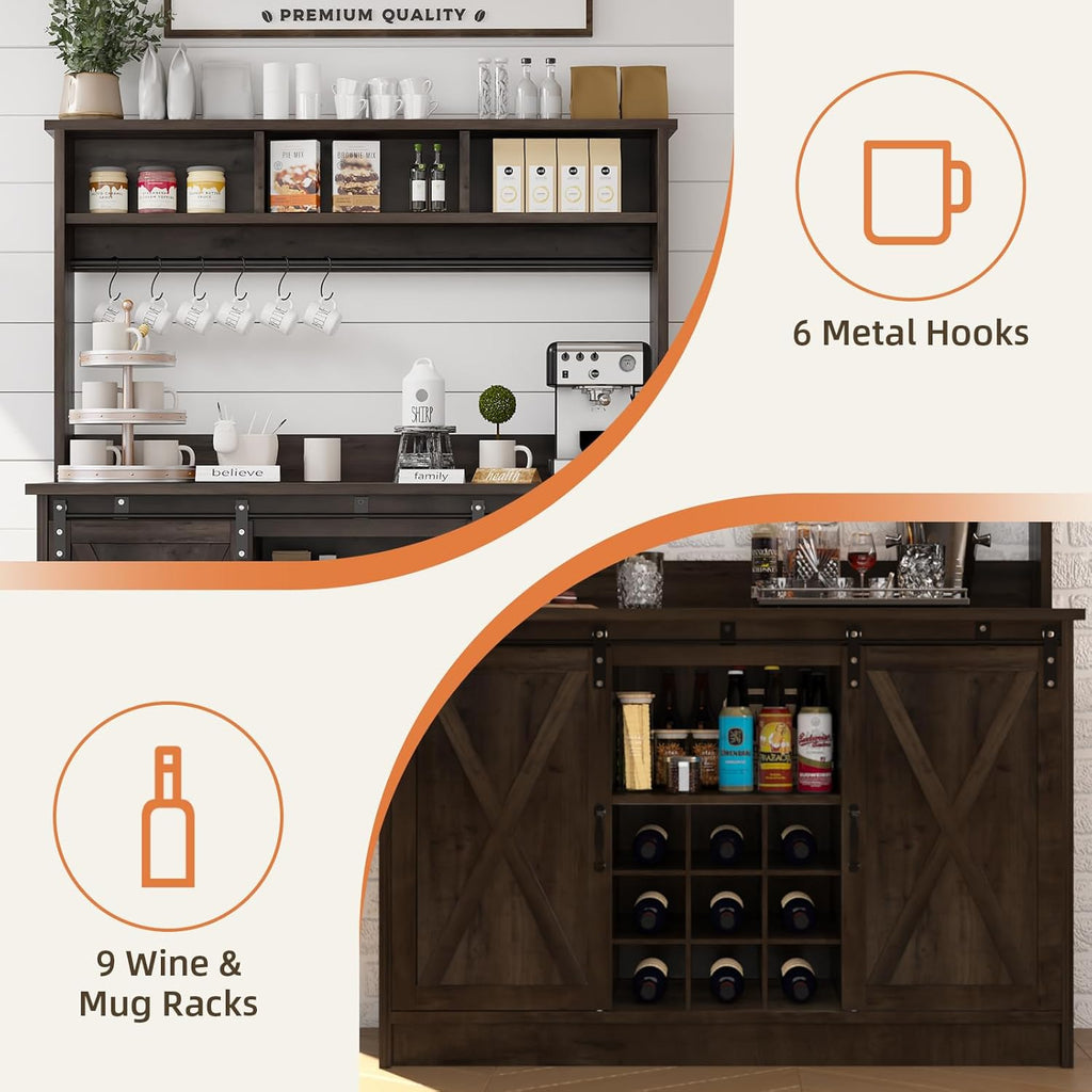 4ever2buy Farmhouse Coffee Bar Cabinet with Storage, 47” Wine Bar with Sliding Barn Doors and 3 Storage Hutch, Hutch Cabinet with 6 Hooks & 9 Wine Racks for Dining Room, Kitchen, Dark Oak