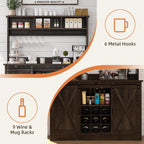 4ever2buy Farmhouse Coffee Bar Cabinet with Storage, 47” Wine Bar with Sliding Barn Doors and 3 Storage Hutch, Hutch Cabinet with 6 Hooks & 9 Wine Racks for Dining Room, Kitchen, Dark Oak