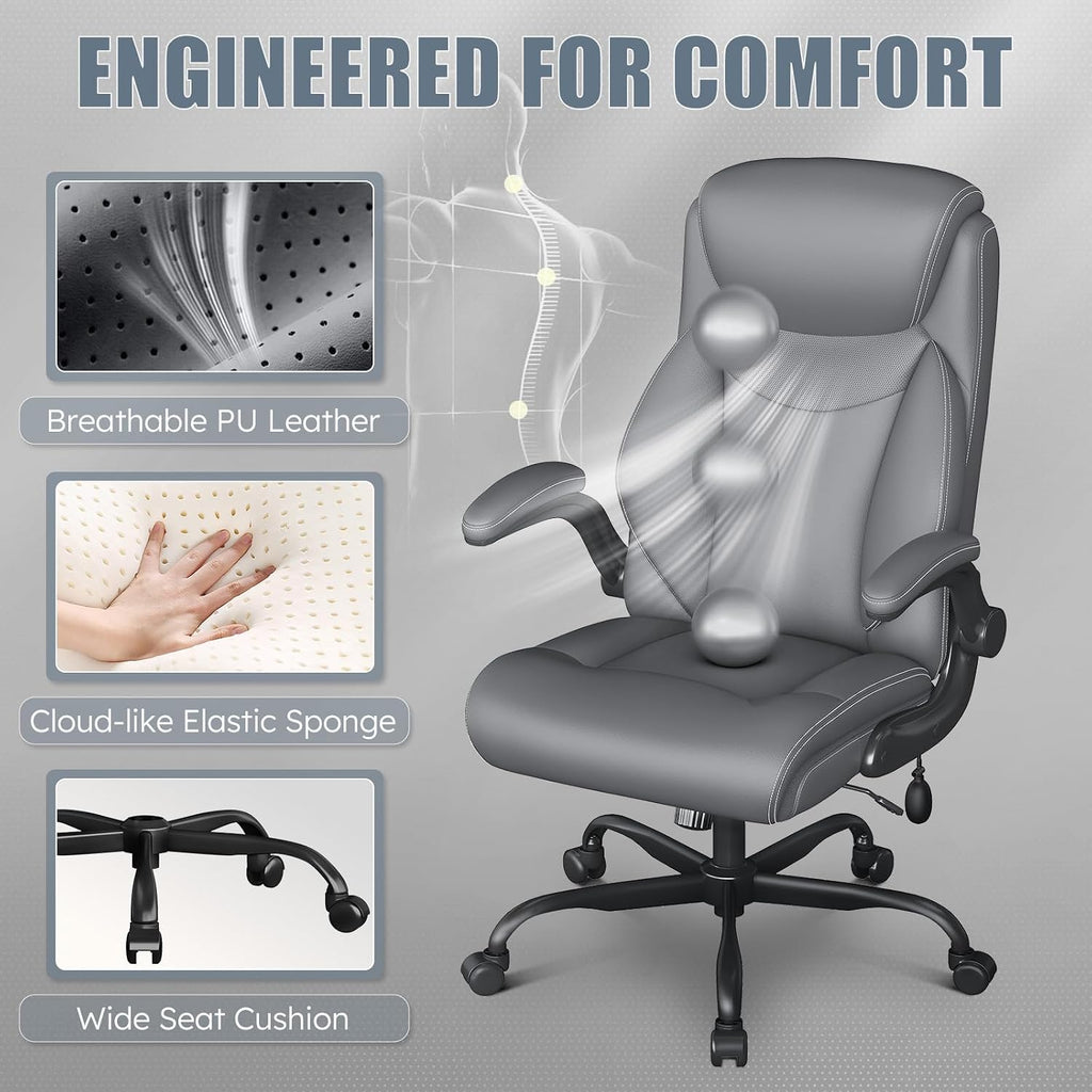 Ergonomic Office Chair, Big and Tall Office Chair, Executive Chair- Padded Leather Comfy Chair with Adjustable Lumbar Support & Flip-Up Arms, Swivel Chair for Home Office,2 Pack