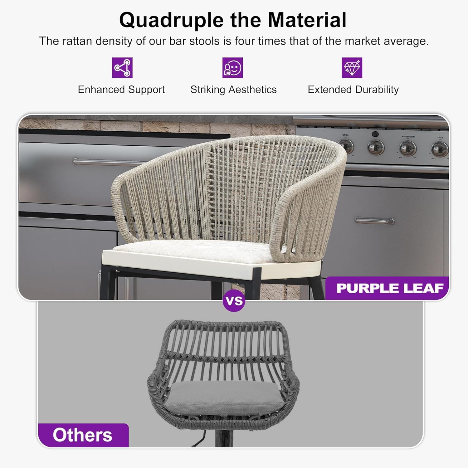 PURPLE LEAF Outdoor Bar Stools Set of 2 Modern Wicker Barstools with Wraparound Backrest Boho Aluminum Woven Chairs for Kitchen Island Indoor Outdoor Garden, Gray