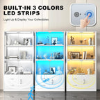 Display Cabinet with Glass Doors, 4-Tier Display Case with 3-Color Lights & Human Body Sensor, Storage Cabinets with 3 Shelves & 2 Drawers for Collectibles/Living/Dining/Game Room, White