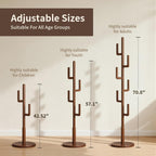 Coat Rack,Solid Wood Cactus Freestanding Coat RackWith 6 L-Shaped Hooks and 3 Adjustable Sizes,Coat Tree for Bedroom, Entryway, Livingroom, Coat Hanger Stand for Coats, Handbags (Walnut)