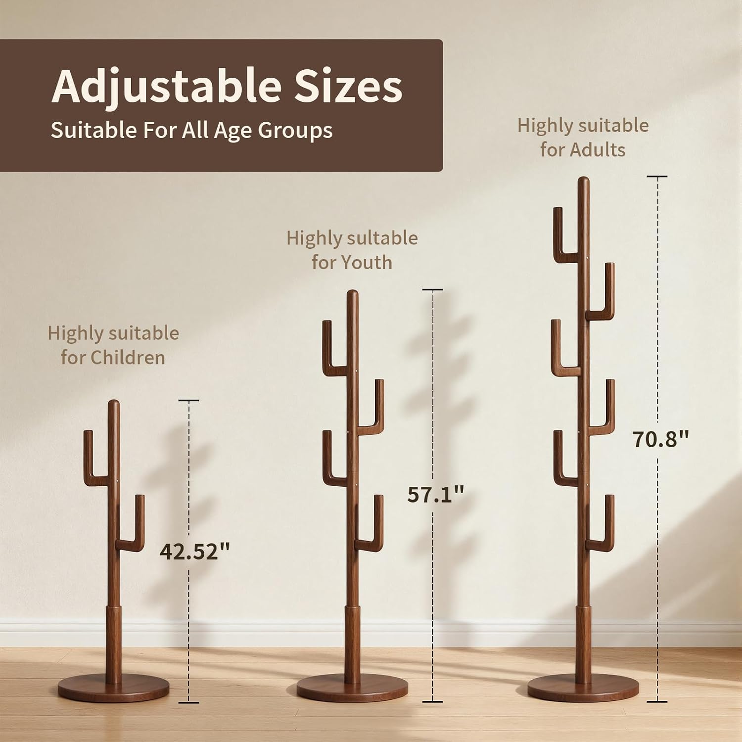 Coat Rack,Solid Wood Cactus Freestanding Coat RackWith 6 L-Shaped Hooks and 3 Adjustable Sizes,Coat Tree for Bedroom, Entryway, Livingroom, Coat Hanger Stand for Coats, Handbags (Walnut)