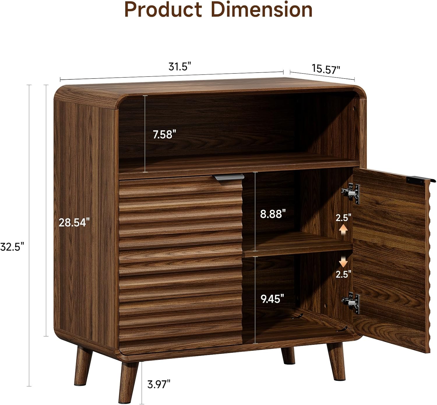 31.5" Sideboard Buffet Cabinet with Storage, Curved Sideboard with 2 Wave Doors and Angled Side Frame, Small Storage Cabinet with Adjustable Shelves, Coffee Bar Cabinet for Living Room, Walnut