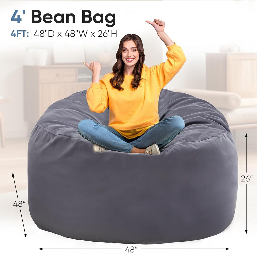 DUMOS 4FT Bean Bag Chair Beanbag for Adults and Kids Oversized Lazy Sofa Living Room Furniture with Removable Washable Cover Giant Comfy Gaming Chair Round Couch for Bedroom Dorm, Dark Grey