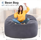 DUMOS 4FT Bean Bag Chair Beanbag for Adults and Kids Oversized Lazy Sofa Living Room Furniture with Removable Washable Cover Giant Comfy Gaming Chair Round Couch for Bedroom Dorm, Dark Grey