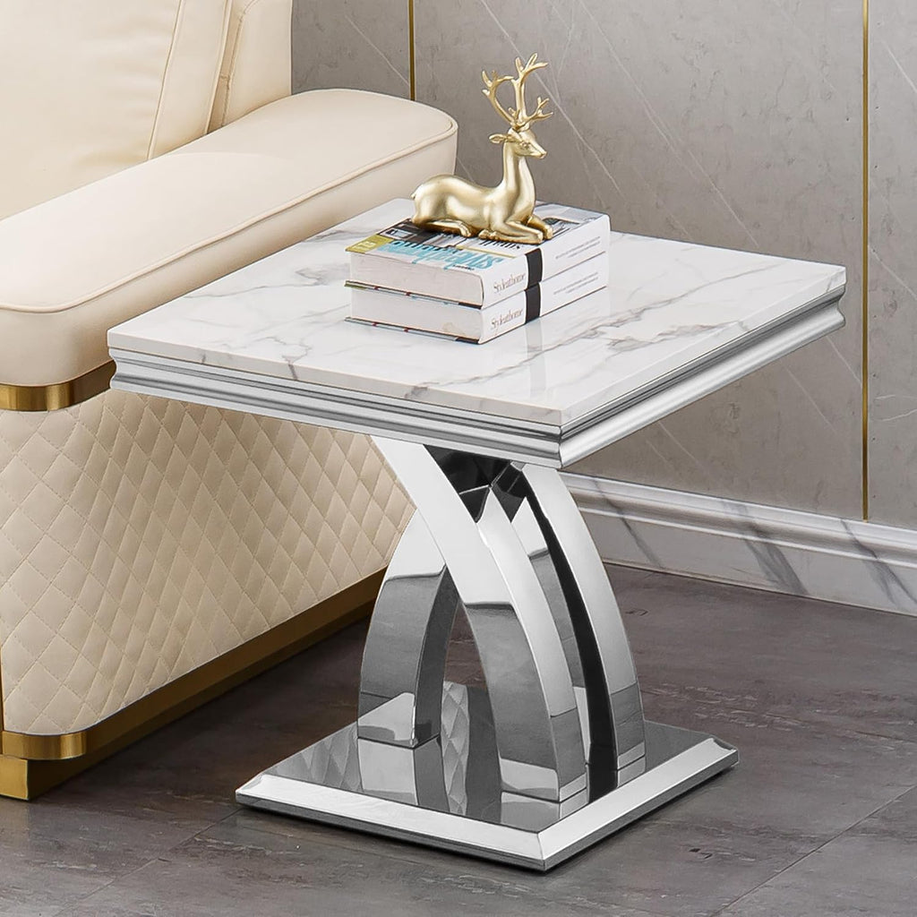 Modern Marble End Table Luxury White Faux Marble Sofa Side Table with Silver Mirrored Stainless Steel Base Square Bedside Tables Nightstand for Living Room Bedroom Office