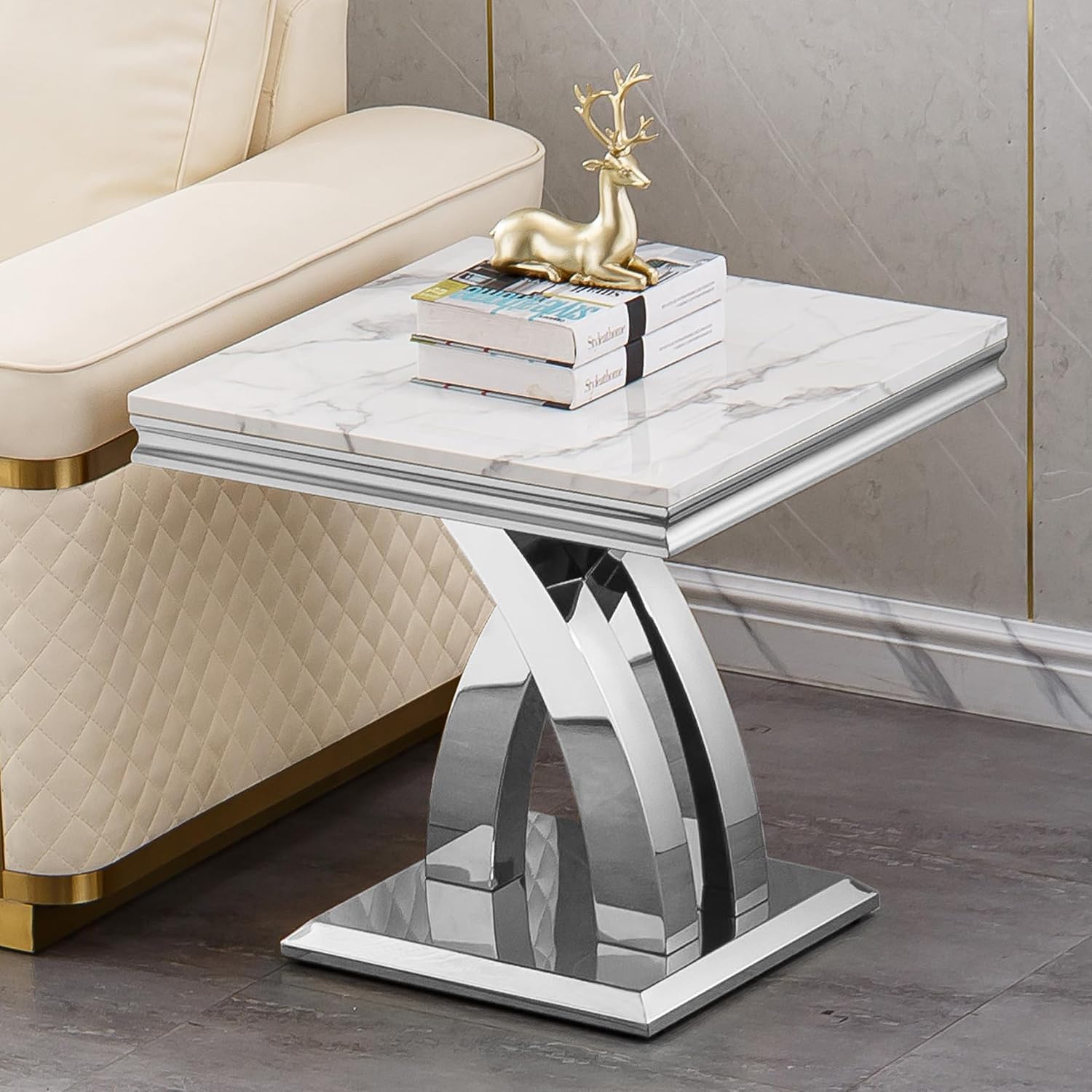 Modern Marble End Table Luxury White Faux Marble Sofa Side Table with Silver Mirrored Stainless Steel Base Square Bedside Tables Nightstand for Living Room Bedroom Office
