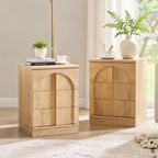 ACCOHOHO Modern Night Stand Set 2 with Arched Panel, 18" Nightstand with Charging Station, Side Table with 3 Storage Drawers, Wood Square Bedside End Table for Bedroom Living Room, Natural Oak