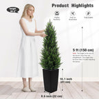 5FT Tall 2 Pack Artificial Cedar Topiary Trees with Compact Pyramidal Shape, Realistic Faux Cypress in Square Black Pot with Fillable Water Bag, Outdoor Evergreen for Front Porch Garden Home Decor