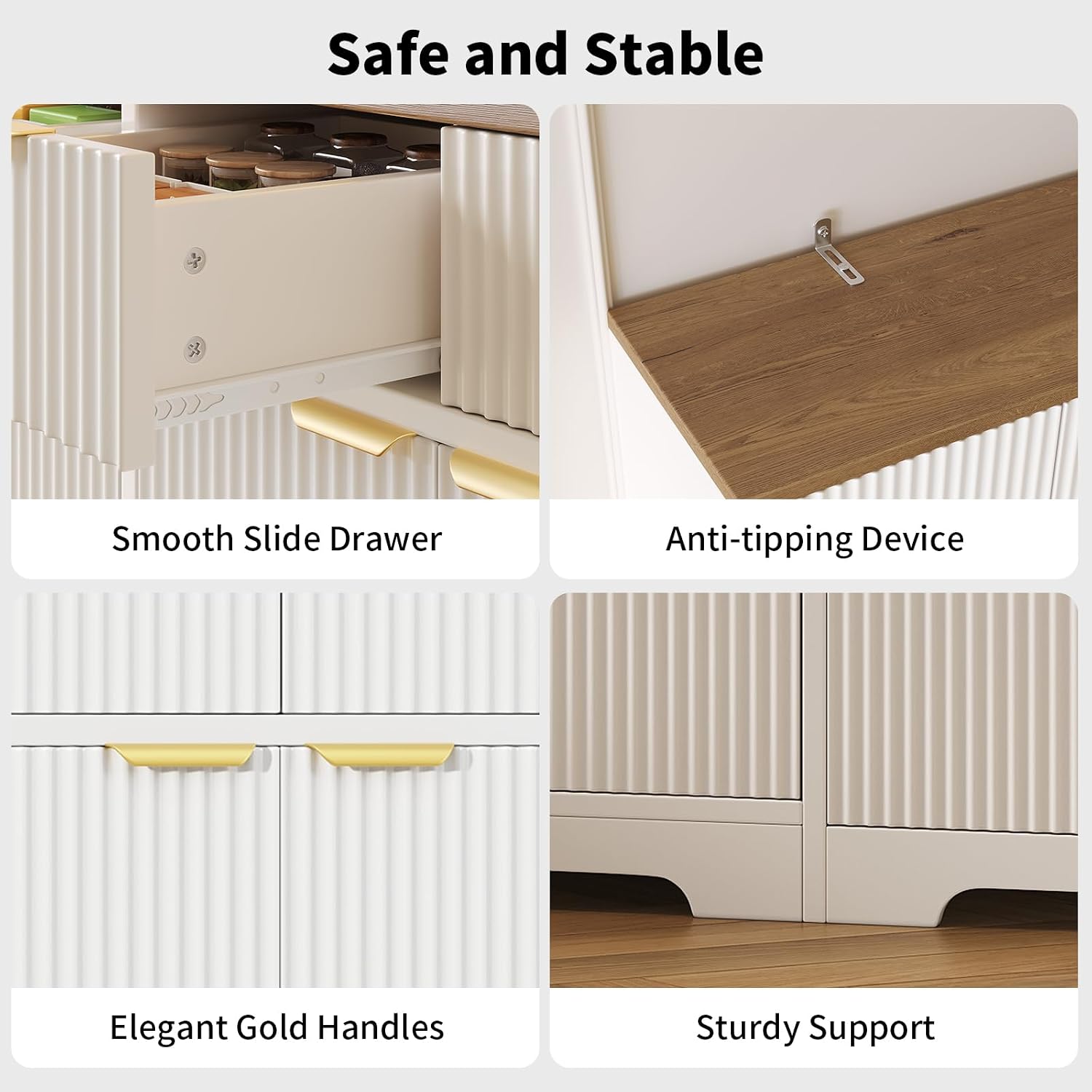 63" Kitchen Storage Cabinet with LED Light & Charging Station, Pantry Cabinet with Fluted Doors & Gold Handles, Hutch with 4 Drawers & Adjustable Shelves, Coffee Bar Cabinet for Dining Room, White
