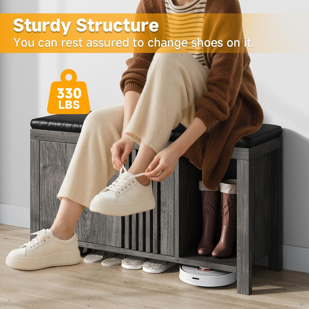 UNIQUITE 40" Shoe Storage Bench with Flip Drawers & Padded Seat Cushion, Open Compartments & Slatted Doors, Entryway Bench with Shoe Storage for Entryway, Hallway, Living Room, Bedroom, Oak Grey