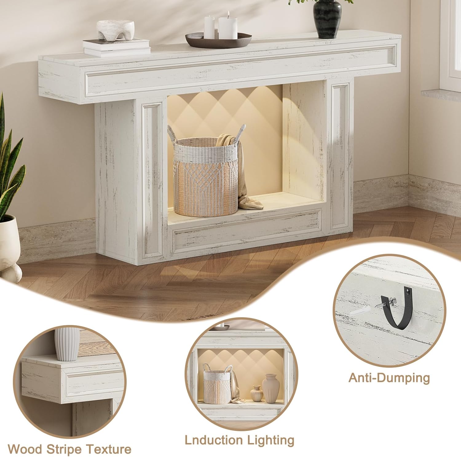 Rresyet 63" Console Table, 2-Tier Entryway Table with Sensor Lights, Coffee Table Behind The Sofa, with U-Shaped Base Suitable for Entryways, Living Rooms, Corridors, and Foyers(White)