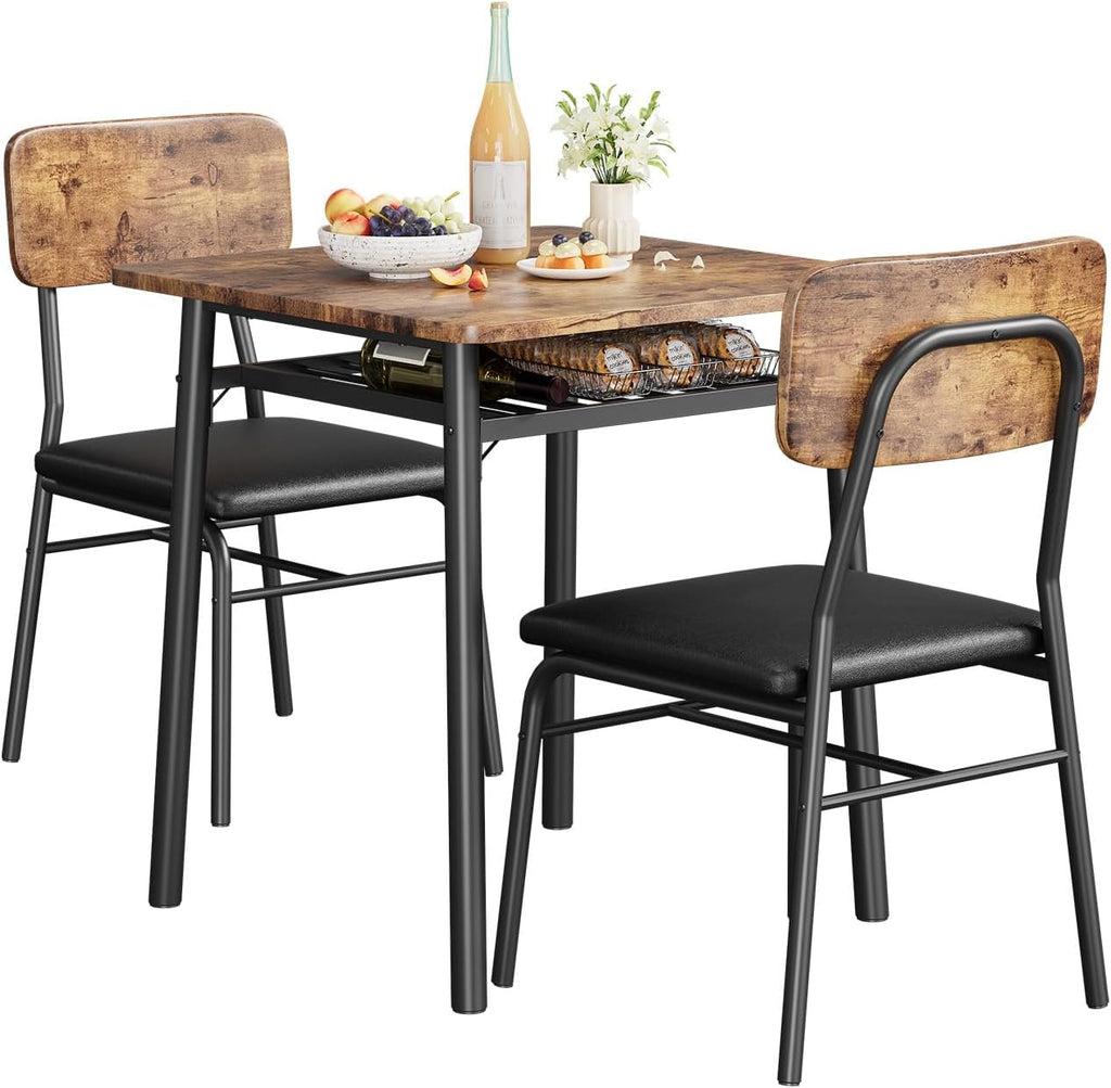 IDEALHOUSE Small Dining Table Set for 2, 3-Piece Dining Set with Storage Rack, Wood Kitchen Table with Upholstered Chairs, Square Table Set with Metal Legs Support, for Dining Room, Living Room, Brown