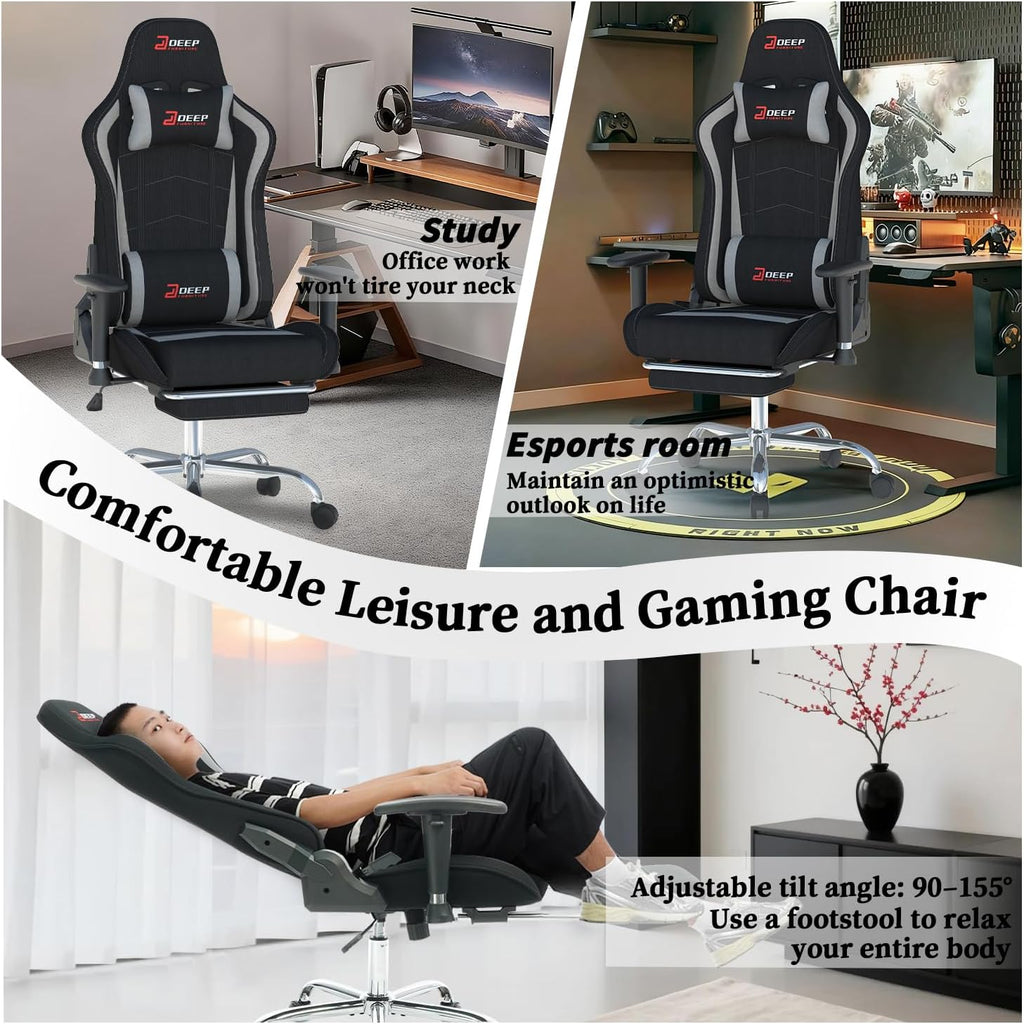 Fabric Gaming Chair, Skin-Friendly and Breathable, Manufactured by A Reputable Manufacturer, Safe and Stable, Specially Designed for Gaming.with Footrest Mg(1005-Gray)