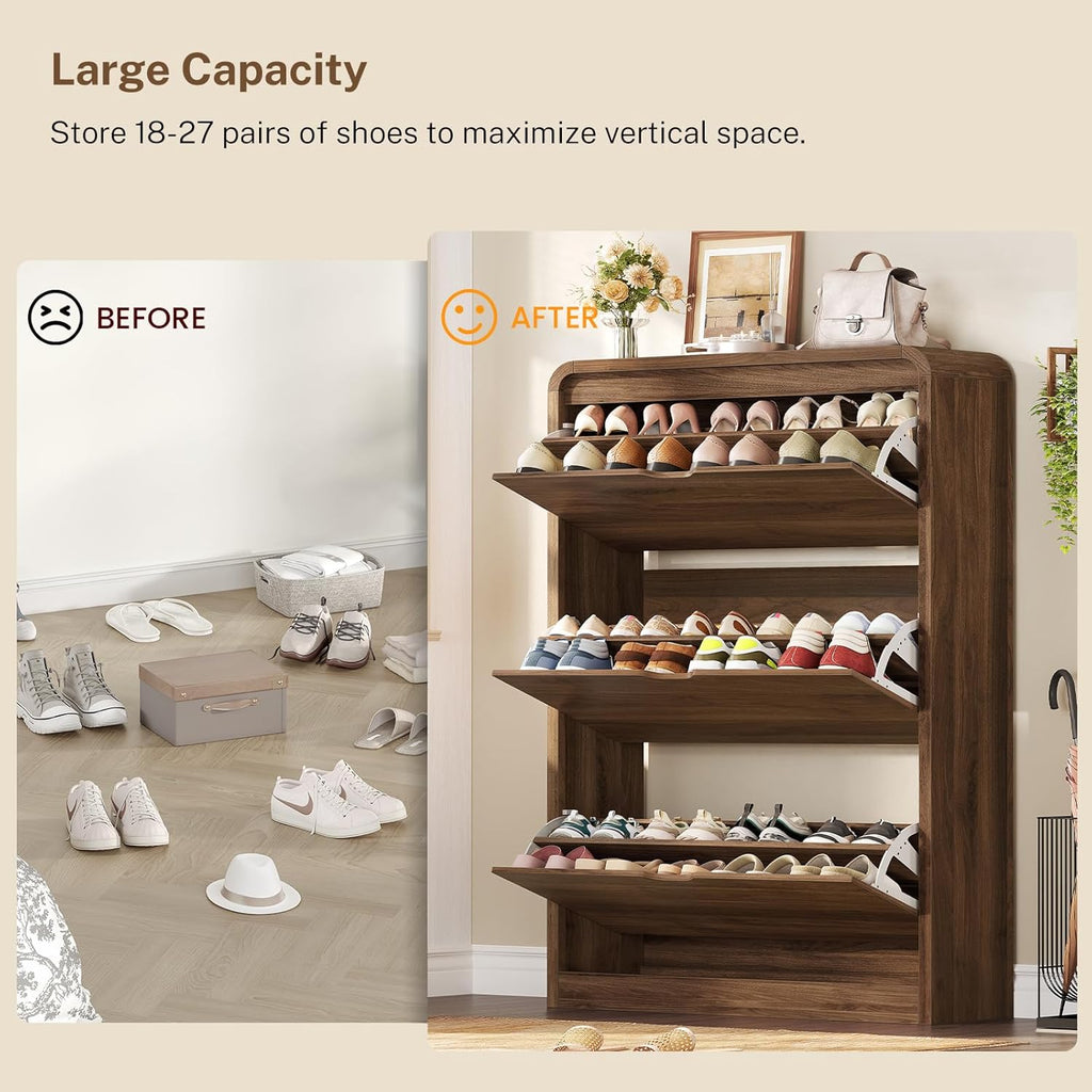 TEENFON Shoe Cabinet with 3 Flip Drawers & Adjustable Shelves, Narrow Freestanding Shoe Storage Cabinet for 18-27 Pairs, Hidden Slim Shoe Rack Cabinet for Entryway, Walnut