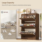 TEENFON Shoe Cabinet with 3 Flip Drawers & Adjustable Shelves, Narrow Freestanding Shoe Storage Cabinet for 18-27 Pairs, Hidden Slim Shoe Rack Cabinet for Entryway, Walnut