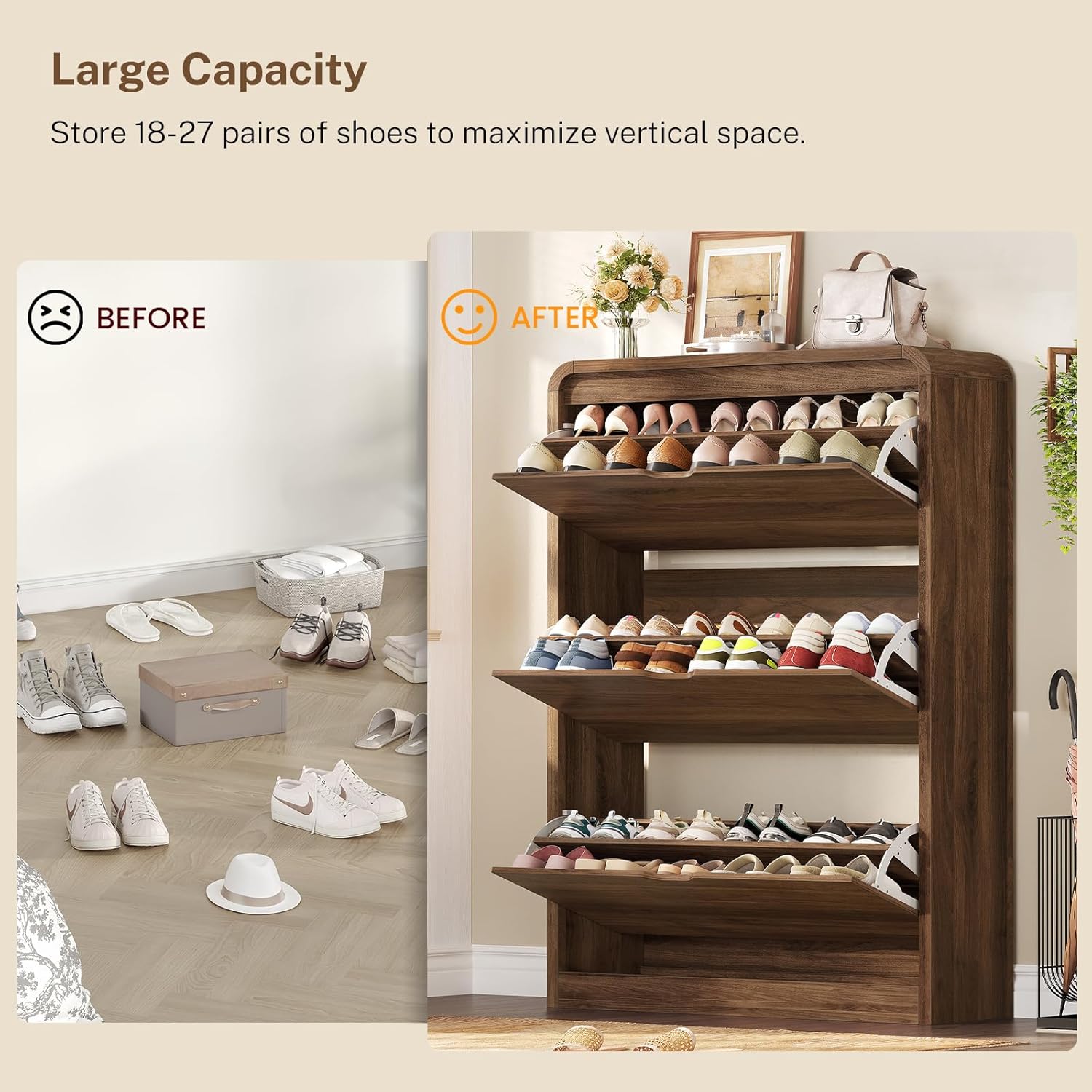 TEENFON Shoe Cabinet with 3 Flip Drawers & Adjustable Shelves, Narrow Freestanding Shoe Storage Cabinet for 18-27 Pairs, Hidden Slim Shoe Rack Cabinet for Entryway, Walnut