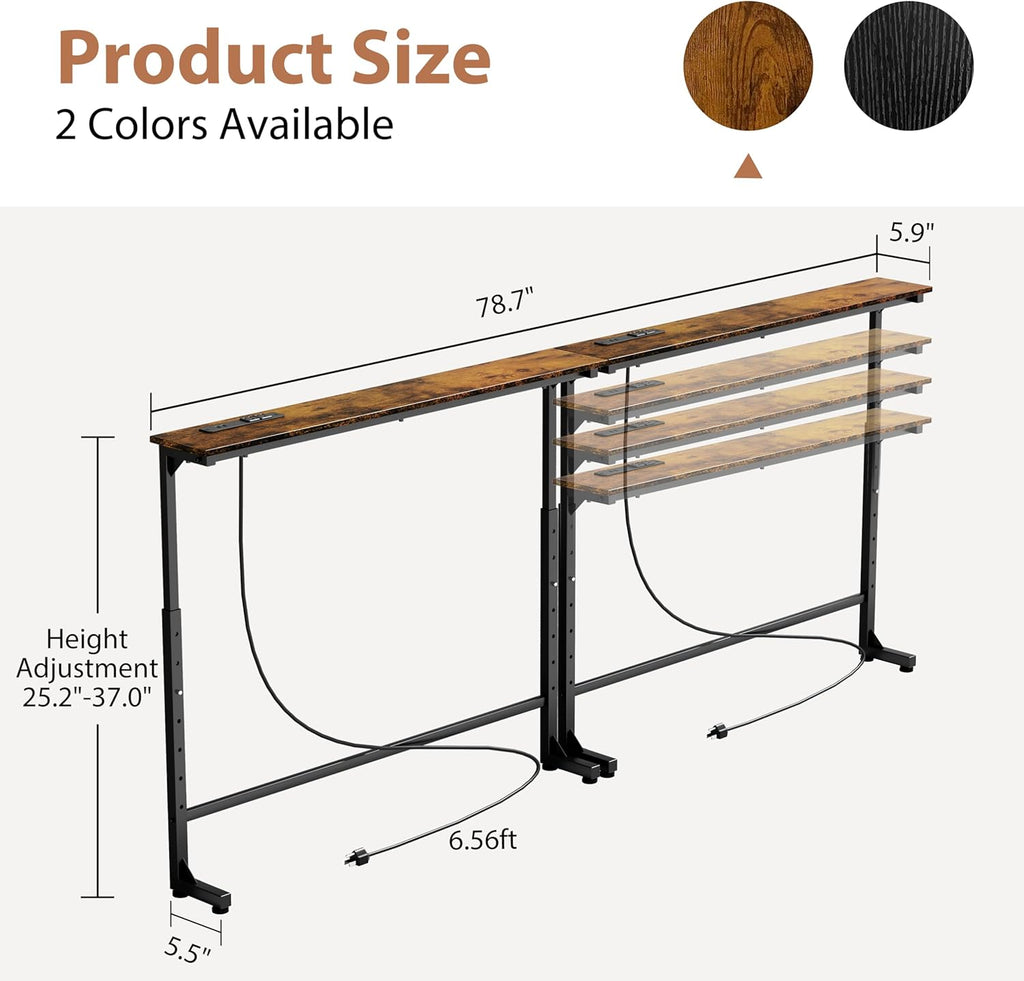 GRLEAF 2 Pack Adjustable Height Narrow Console Table with Power Outlets, 78.7" Long Sofa Table with Charging Station Behind Couch Table Entryway Table for Living Room and Hallway – Rustic Brown