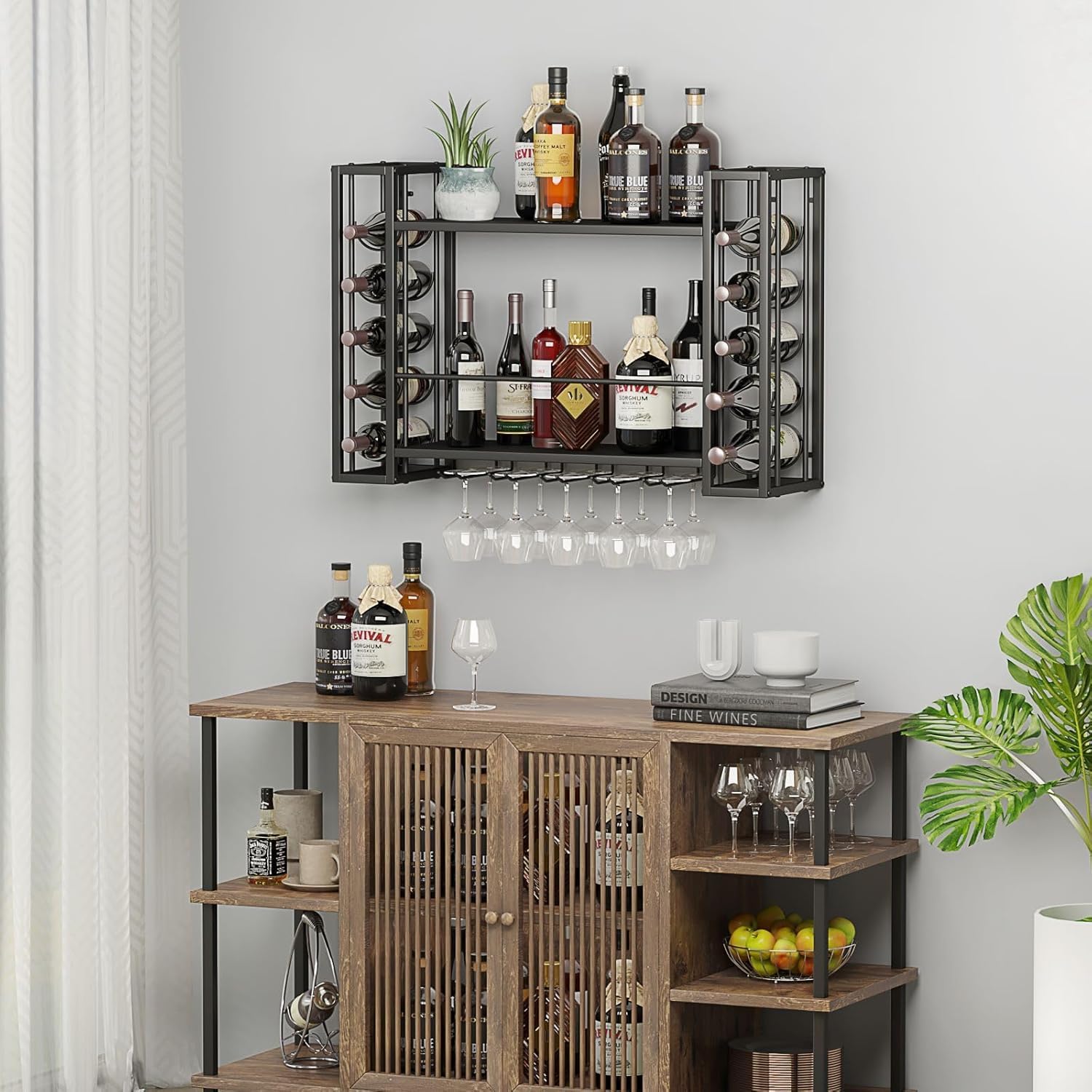 Wall Mounted Wine Rack, Wine Rack Wall Mounted with Wine Glass Rack, 2-Tier Multi-Functional Shelf for Home Restaurant Bar Storage Rack (Black, 40" W x 9.8" D x 21.6" H)
