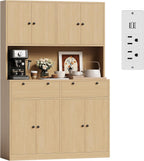 Modern Tall Kitchen Pantry Cabinet with Charging Station - 71" Height, 47" Wide Hutch, 2 Drawers, 8 Doors, Adjustable Shelves, Countertop - Dining Room or Kitchen Storage - Natural Wood