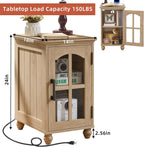 RWYHG Narrow Side Table, Farmhouse Nightstand with Charging Station | End Tables with Glass Barn Door, Cabinet Organizer with Adjustable Shelf, Night Stand for Small Spaces Living Room Bedroom