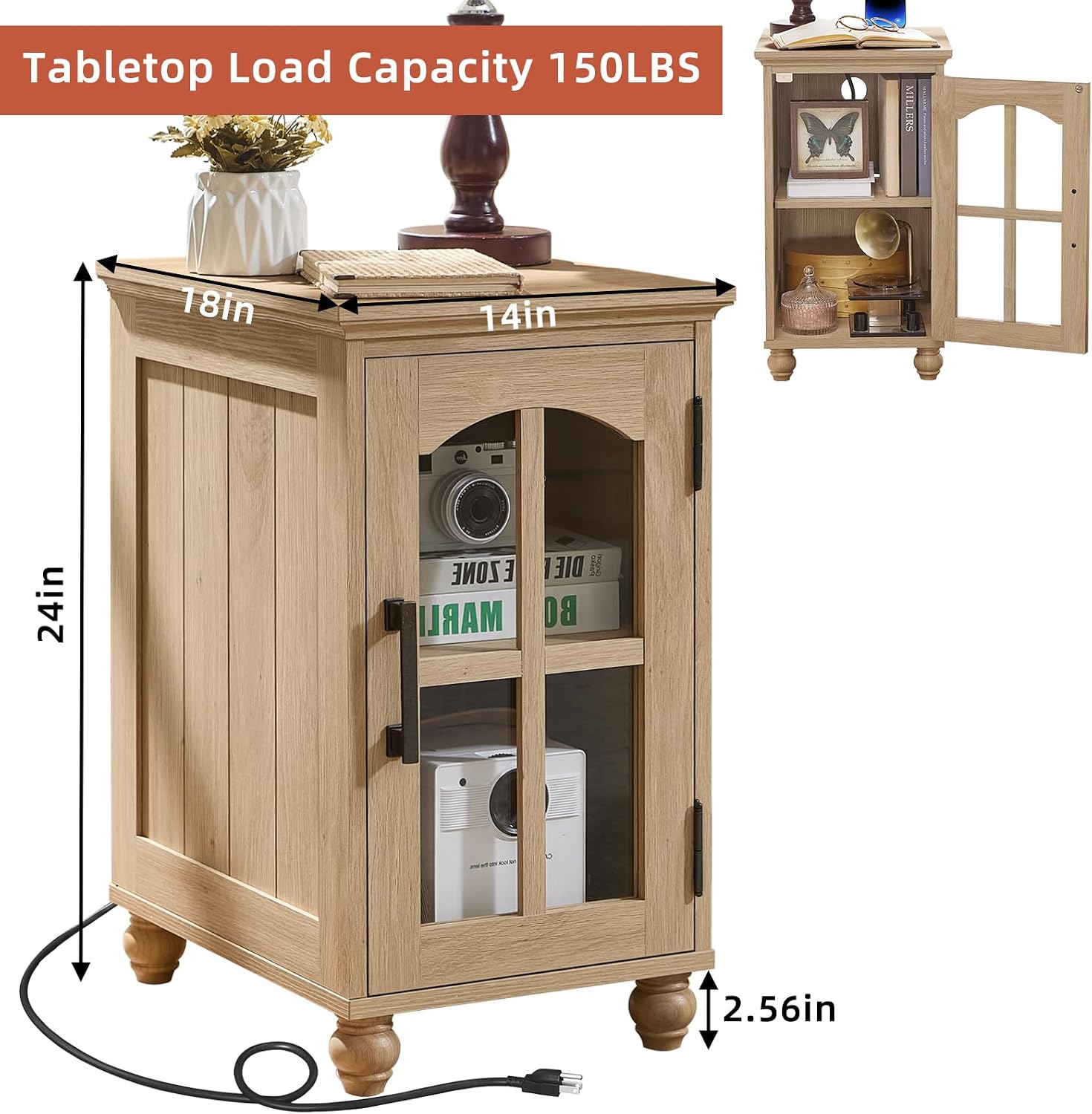 RWYHG Narrow Side Table, Farmhouse Nightstand with Charging Station | End Tables with Glass Barn Door, Cabinet Organizer with Adjustable Shelf, Night Stand for Small Spaces Living Room Bedroom