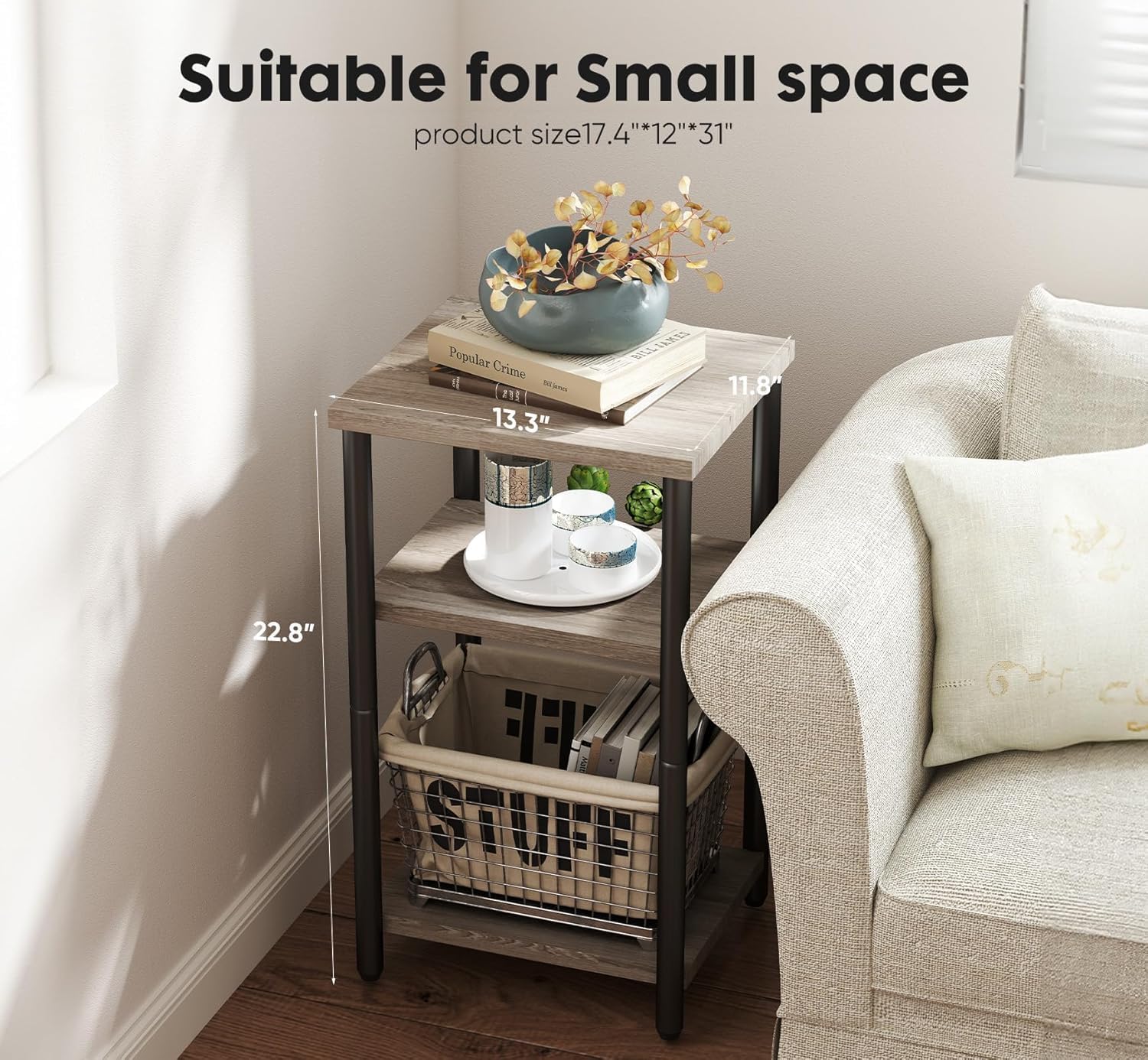 DUMOS Side Table, Small End Table, Tall Nightstand for Living Room, Bedroom, Office, Bathroom, 2 Pack Grey