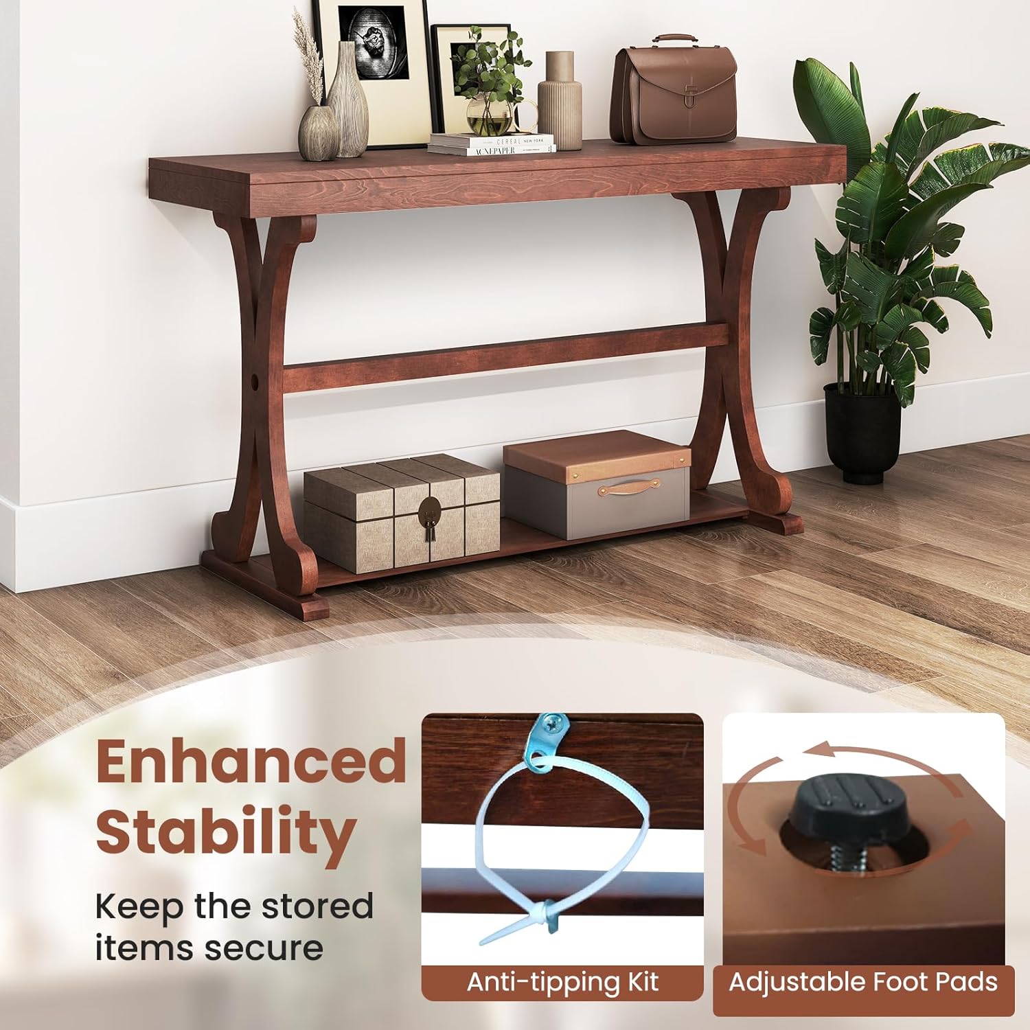 Giantex 52" Narrow Console Table, Vintage Accent Entryway Table with Open Storage Shelf, Long Wooden Behind Couch Sofa Table with Anti-tip Kit for Small Spaces Living Room Hallway (Walnut)