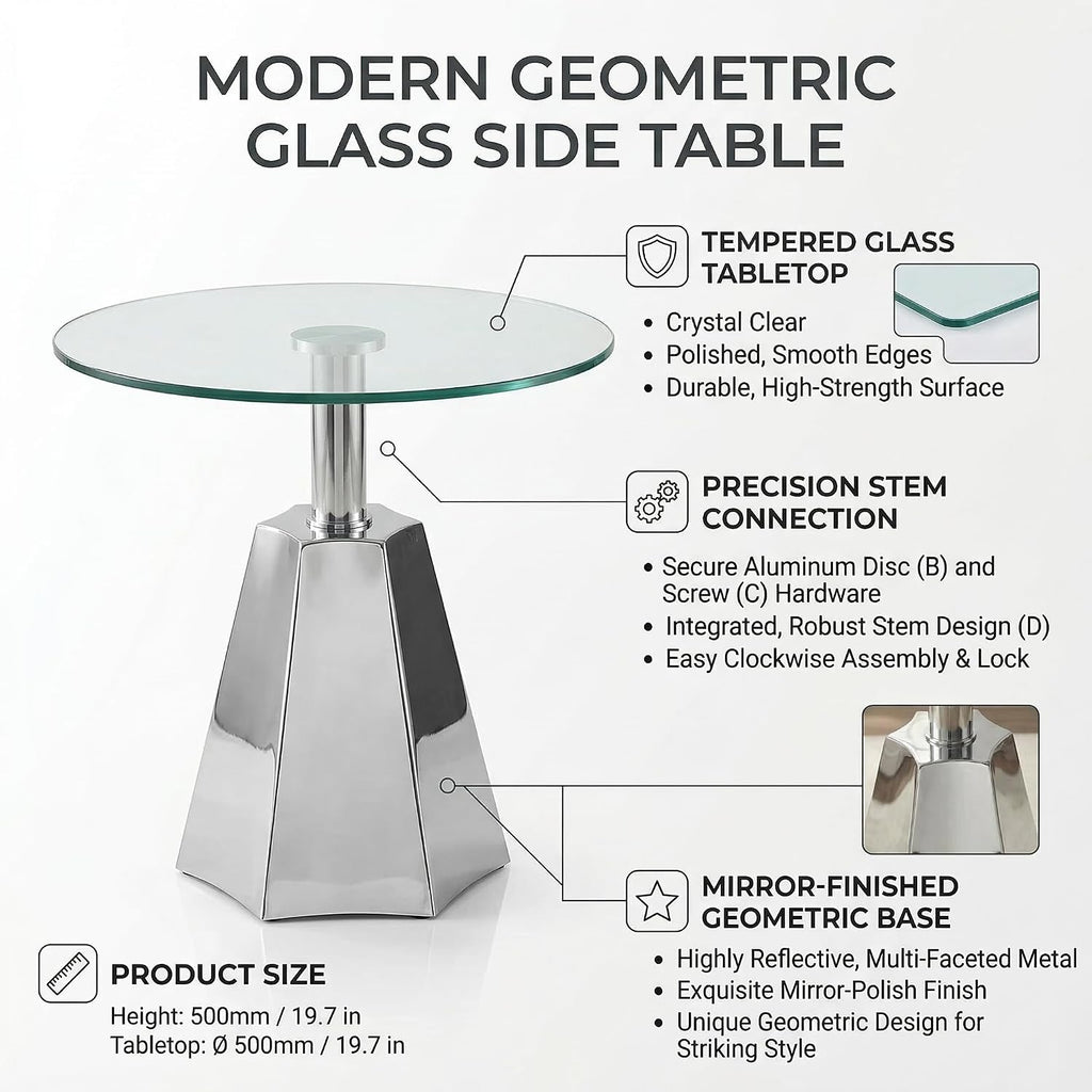 FT Global Round Glass Side Table, 19.7" Clear Tempered Glass Top with Chrome Polished Stainless Steel Base, Tool-Free Assembly Modern Accent
