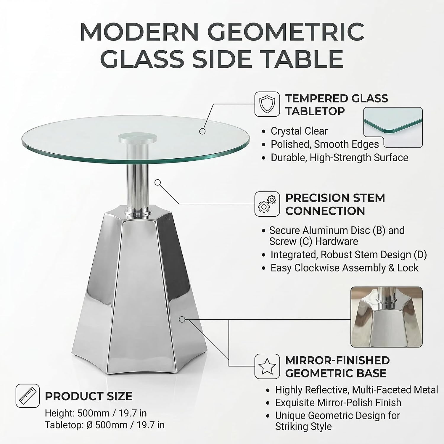 FT Global Round Glass Side Table, 19.7" Clear Tempered Glass Top with Chrome Polished Stainless Steel Base, Tool-Free Assembly Modern Accent