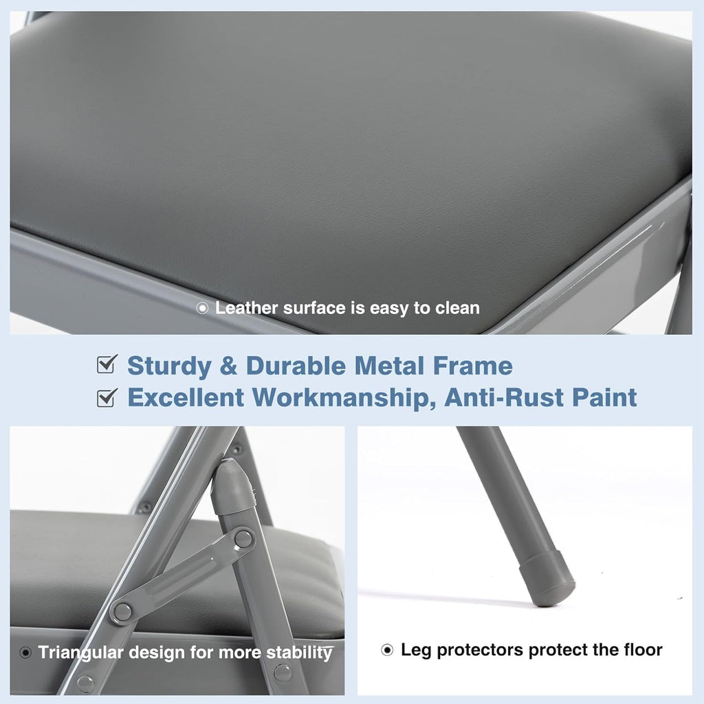 DUMOS 2 Pack Folding Chairs with Padded Cushion and Back - PU Leather Stackable Portable Dining Chairs Set, for Home and Office, Conference, Wedding, Party, Patio, Garden, for Indoor Outdoor, Grey