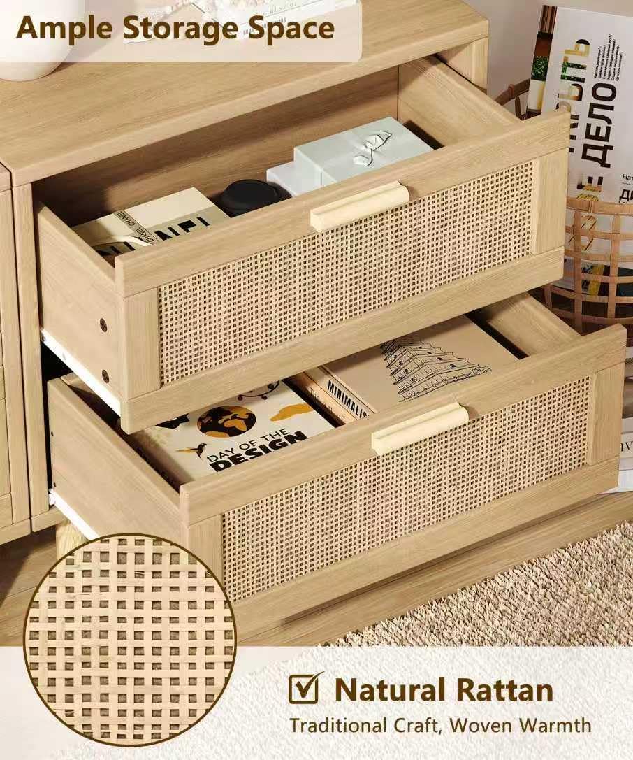 Keehusux 23.6" W Rattan Nightstand with Charging Station and 2 Drawers | Large Bedside Table, Wooden End Table with Solid Wood Legs, Boho Night Stand for Bedroom, Natural Oak KES009MECTG
