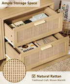 Keehusux 23.6" W Rattan Nightstand with Charging Station and 2 Drawers | Large Bedside Table, Wooden End Table with Solid Wood Legs, Boho Night Stand for Bedroom, Natural Oak KES009MECTG