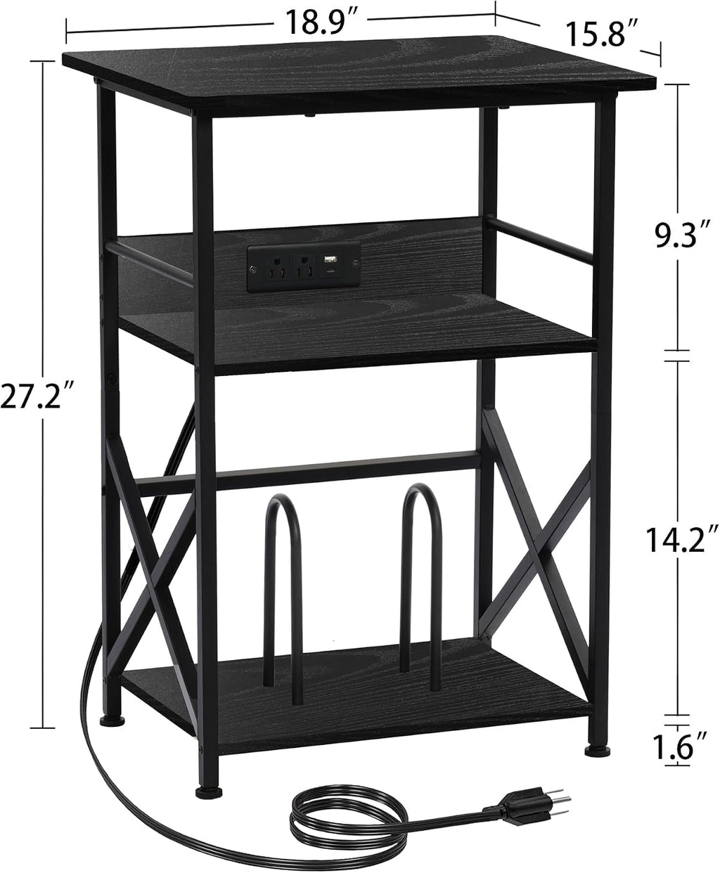 DALEMHOME Record Player Stand with Charging Station, 3-Tier Side Table for 100 Vinyl Storage, End Table for Living Room, Bedroom, Black HKET1002BK