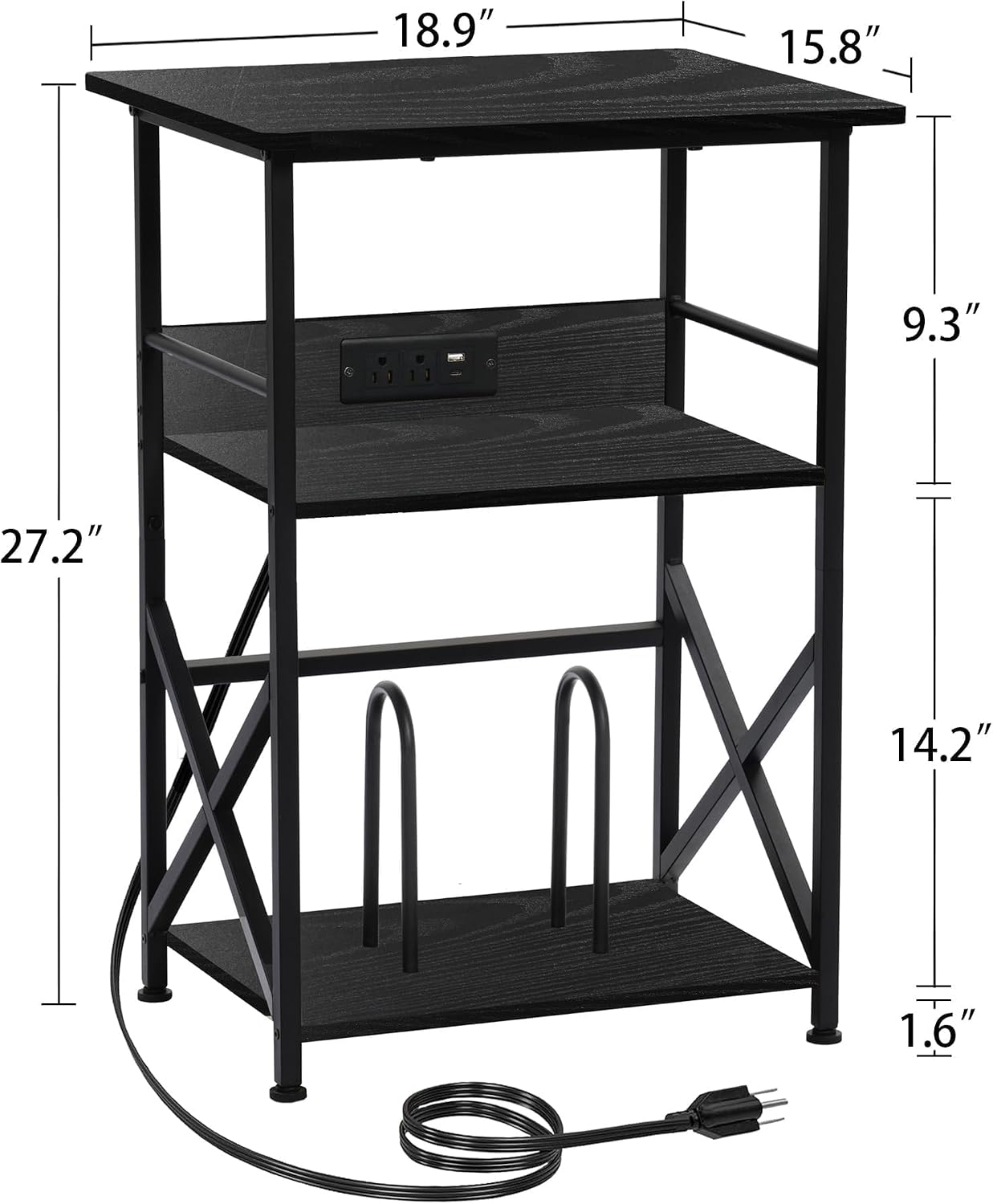 DALEMHOME Record Player Stand with Charging Station, 3-Tier Side Table for 100 Vinyl Storage, End Table for Living Room, Bedroom, Black HKET1002BK