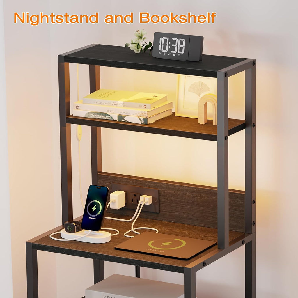 Furnulem Nightstand, Tall Night Stand & Bedside Table with Charging Station | RGB LED Light & USB Ports & type-C, 2 Fabric Drawers and 4-Tier Shelves Bedside End Table for Bedroom Dorm Storage, Black Oak