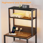 Furnulem Nightstand, Tall Night Stand & Bedside Table with Charging Station | RGB LED Light & USB Ports & type-C, 2 Fabric Drawers and 4-Tier Shelves Bedside End Table for Bedroom Dorm Storage, Black Oak